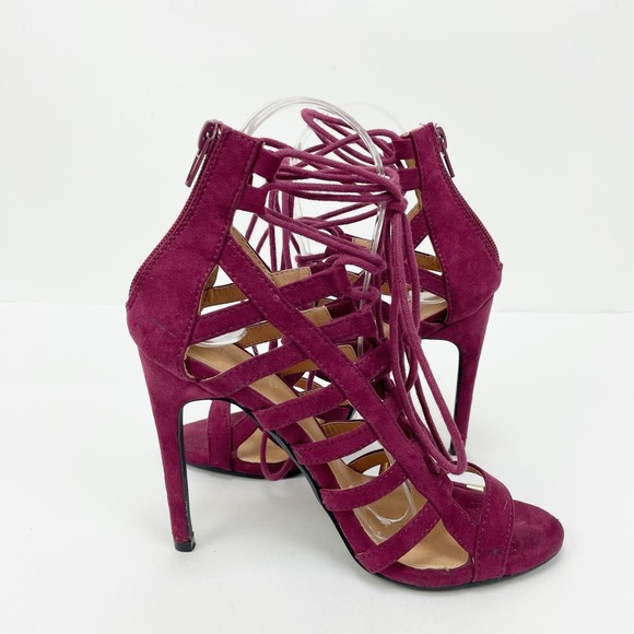 Charlotte Russe Lace Up Heels 6 Burgundy Suede Peep Toe Stiletto Strappy Sandals - Picture 5 of 11
